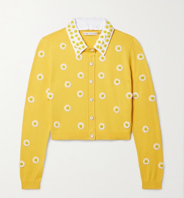 Alice + Olivia at Net-a-Porter, cropped applique yellow cardigan