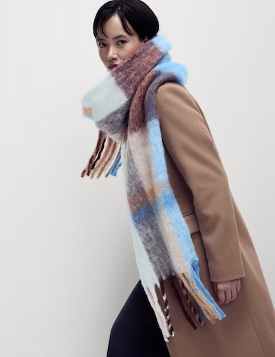 Soft blue, beige and white checked blanket scarf with camel coat