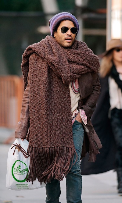 Lenny Kraitz wearing a high brown scarf